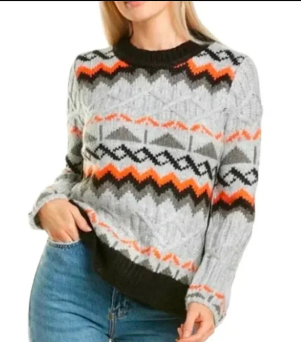M Magaschoni Grey and Orange Chunky Knit Fair Isle  Crewneck Sweater Medium